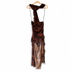 Jaded London Ruffly Rose Print Dress with Rose Detail Dark Brown/Tan